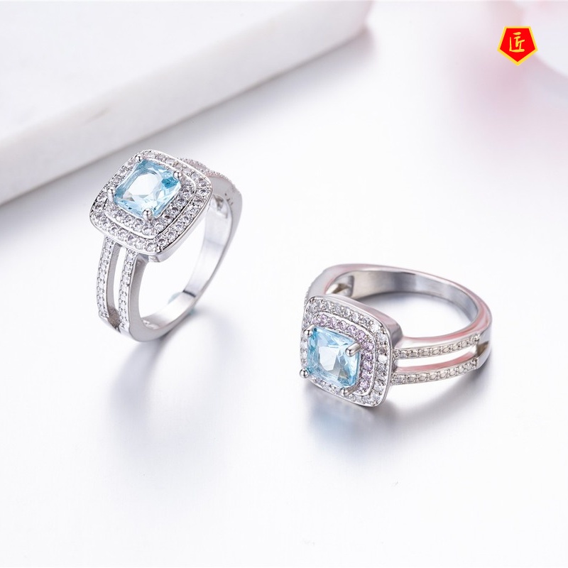 [Ready Stock]Simple Elegant Full Diamond Sea Blue Topaz Ring