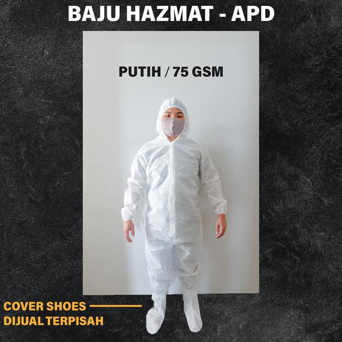 

baju APD HAZMAT bahan spunbond 65gsm/75gsm/100gsm ready stock! - putih 75 gsm