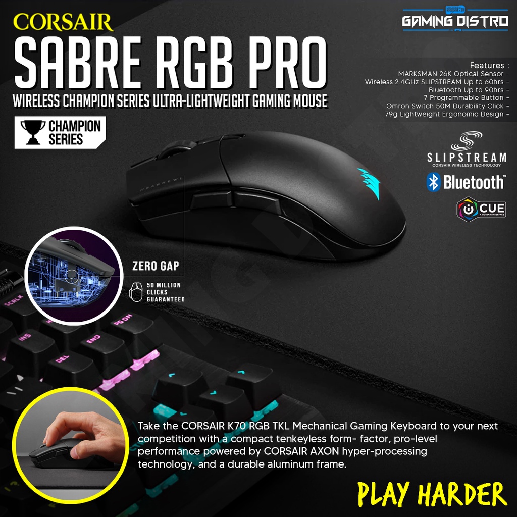 Corsair SABRE RGB PRO WIRELESS - Mouse Gaming Hitam Ergonomic Wireless