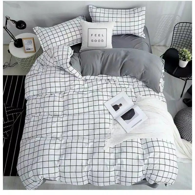 sprei aesthetic kotak hitam 120x200 160x200 180x200 murah premium/seprei kotak kotak emily aesthetic no1 no2 no3/bisa cod/seprai homemade 180x200 160x200 120x200 set sarung bantal dan guling