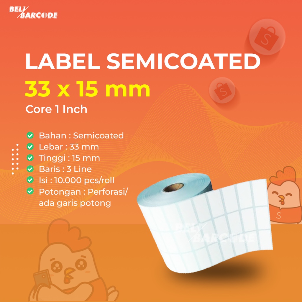 LABEL BARCODE SEMICOATED 33 X 15 - 33X15 MM @10000 3LINE