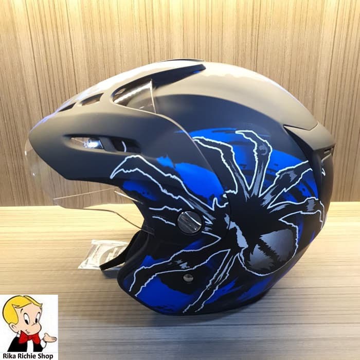 Helm Half Face Dewasa Single VisorSNI Virtue Tarantula Black Blue Doff
