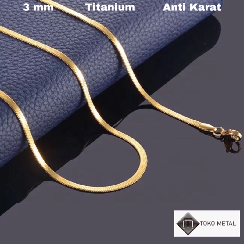 Kalung Titanium Pipih Gold Pria Dan wanita Anti karat 3 mm [ Toko Metal ]