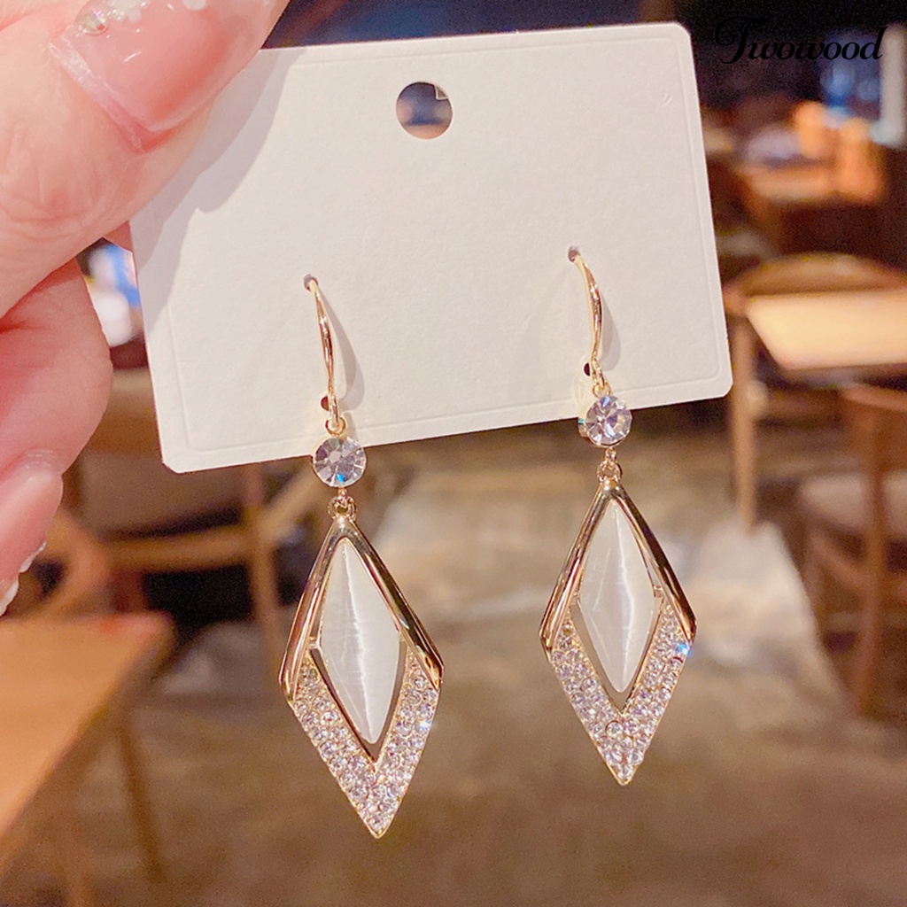 Twowood 1 Pair Rhinestone Shiny Drop Earrings Alloy Faux Opal Rhombus Pendant Hook Earrings Party Jewelry