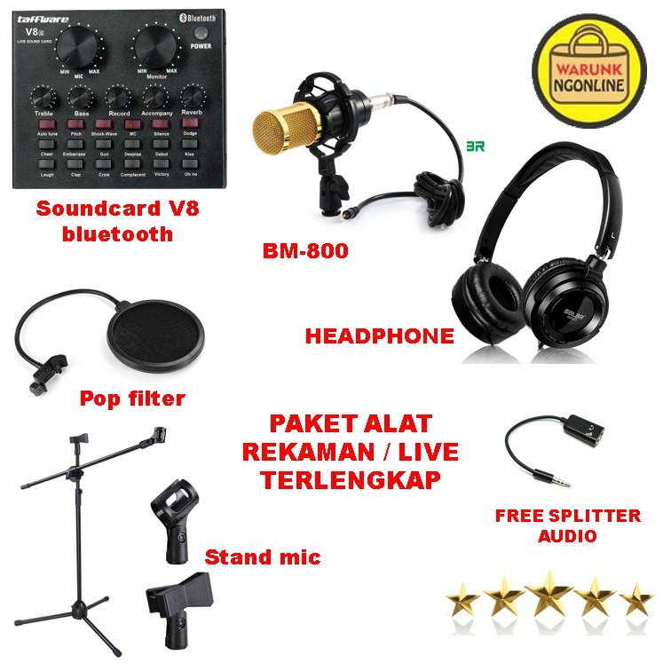 Paket alat rekaman-live-karaoke mic bm-800 stand mic soundcard v8 pop filter headphone terlengkap