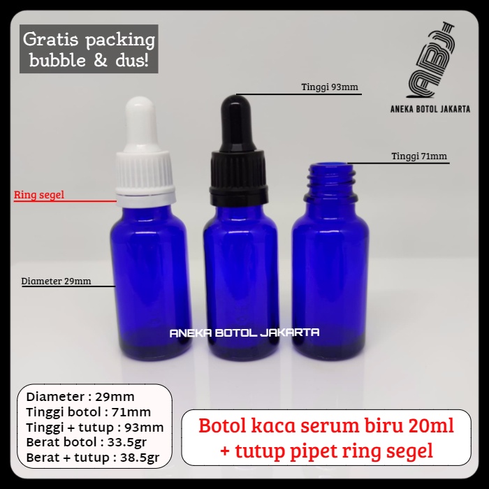 Botol kaca serum biru 20ml pipet tetes ring segel