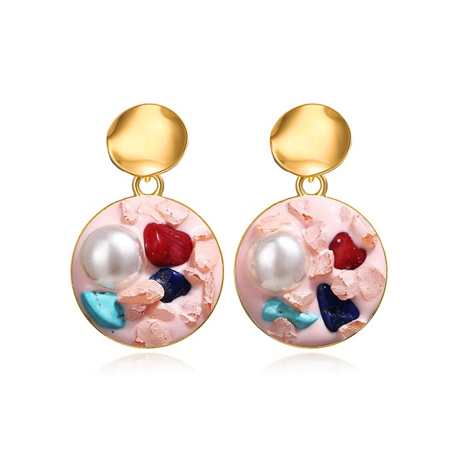 LRC Anting Tusuk Fashion Inlaid Pearl Stone Round Earrings F7693X