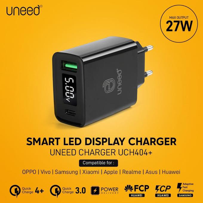 (((SIAP COD))) UNEED QuickPlug Smart Charger QC 4.0 & PD with LED Display - UCH404+ - Hitam SPECIAL