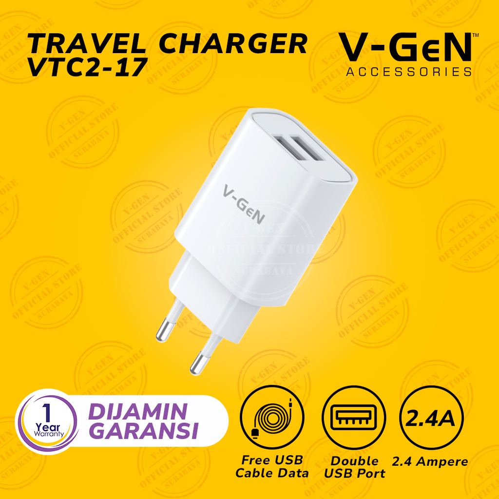 Adaptor Charger V-GeN VTC2-17 2.4A Dual Port USB Travel Charger VGEN