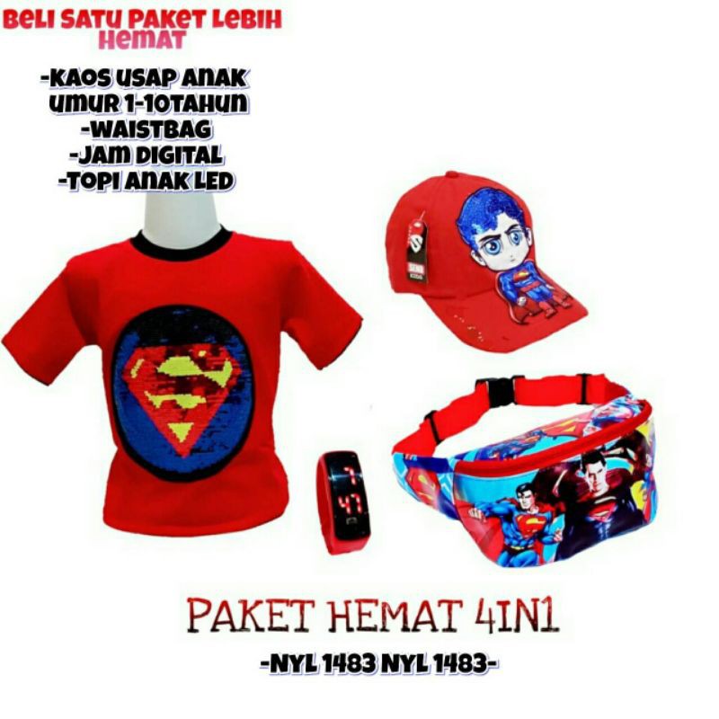 PAKET MURAH 4IN1 KAOS ANAK LAKI-LAKI USAP + TAS WAISTBAG ANAK+ JAM DIGITAL + TOPI LED ANAK