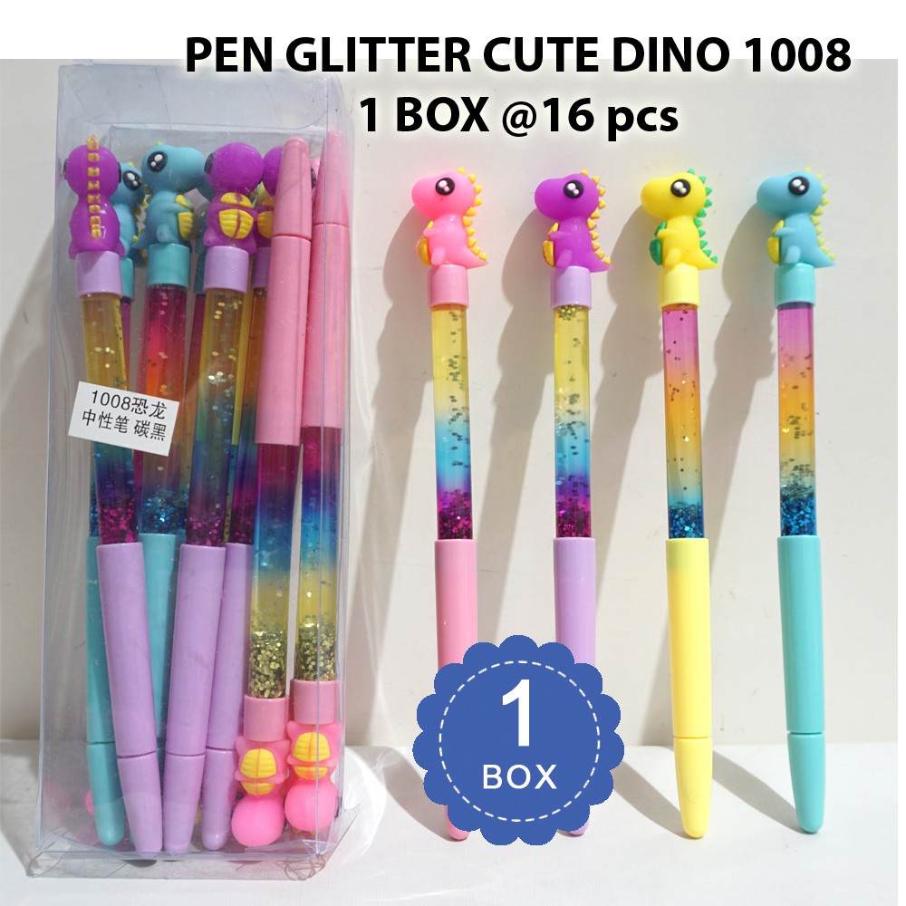 

1 BOX Pulpen fancy gel GLITTER CUTE DINO 1008 - 1 box isi 16 pcs