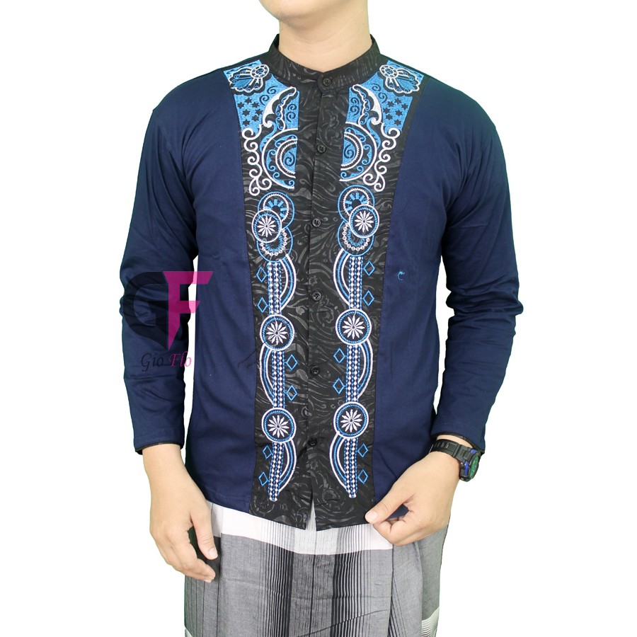 GIOFLO Baju Koko Modis Kemeja Muslimin Pria Lengan Panjang Navy Blue / KKL 38