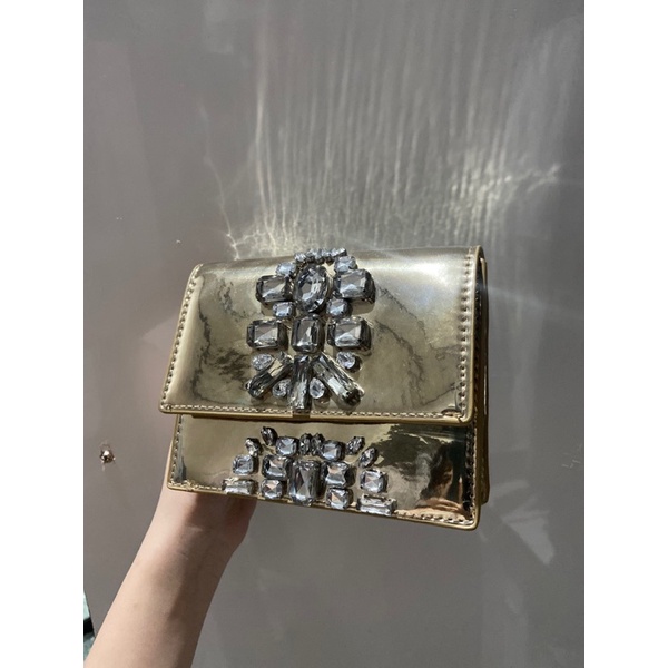 zara gold embellished clutch bag tas kecil original
