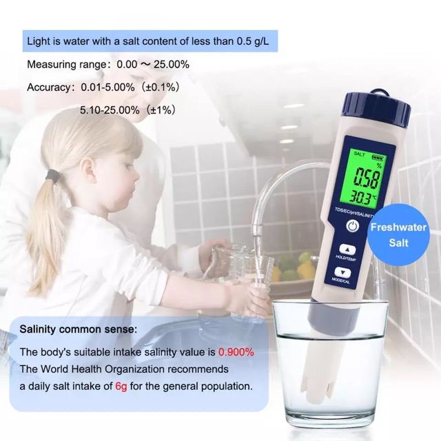 EZ-9909 5 in 1 Salinity/TDS/EC/Temperature/PH Meter Backlight Waterproof