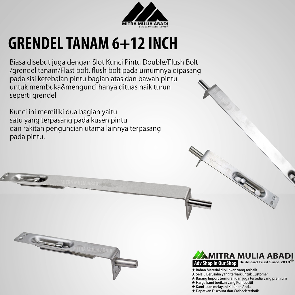 Grendel Tanam Set 6&quot;+12&quot; Alumunium l Slot Pintu l Selot l Flush Bolt