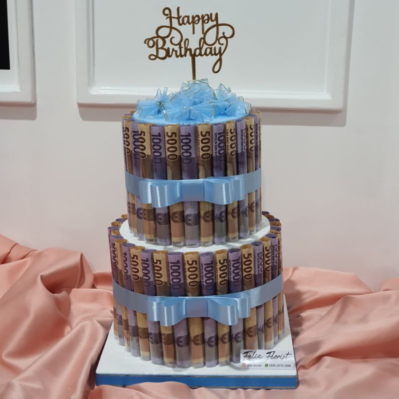 Hadiah Ultah Kado Anniv Birthday Gift Surprise Orang Tua Custom Anak Pacar | Money Cake 2 Tiers High Kue Uang