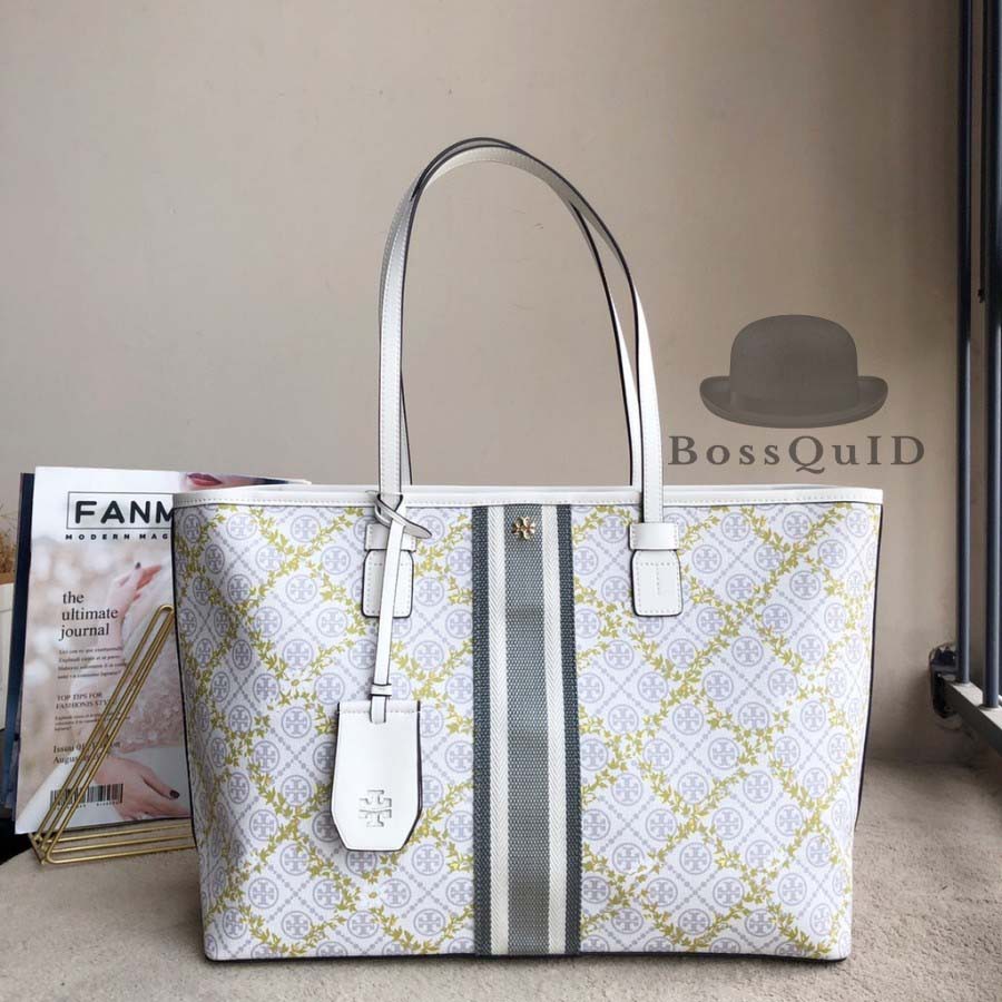 Tory Burch T Monogram Top Zip Floral Vine Tote Bag Ivory Large