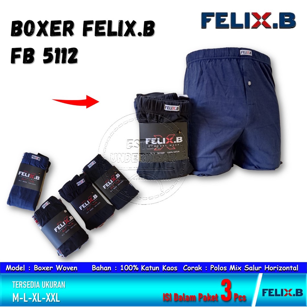 Felix.B Celana Boxer Pria FB 5112 ISI 3Pcs Motif Polos