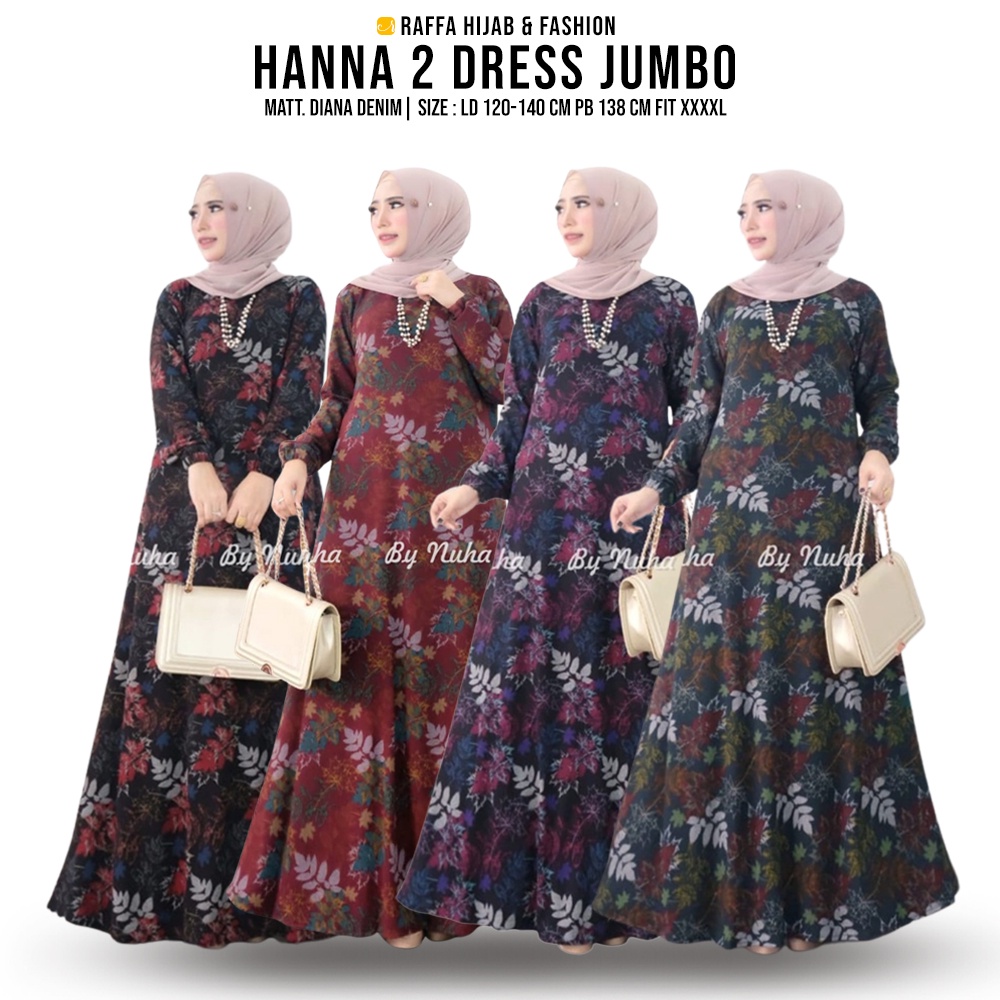 Dress Wanita Jumbo Hanna Dress Bahan Diana Denim Ukuran LD 120-140 cm Fashion Muslim Wanita by Nuha