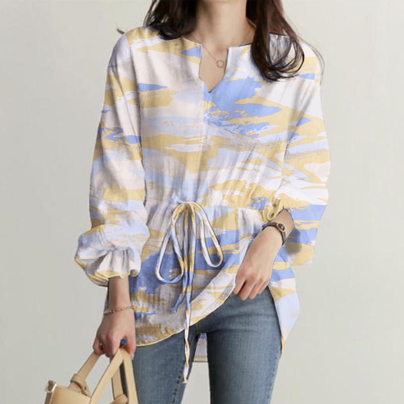 ZANZEA Spring Casual Long Sleeved V Neck Top Printed Elastic Cuff Holiday Blouse