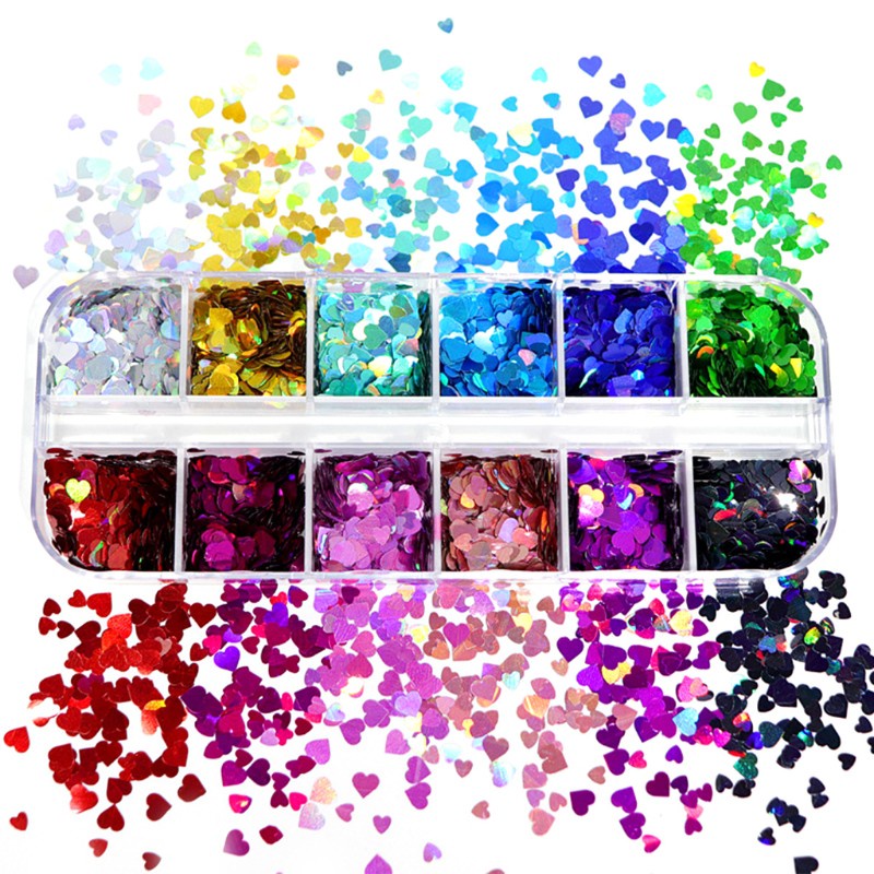 12 Grid / Kotak Payet Glitter Holografik Bentuk Hati Untuk Dekorasi Nail Art