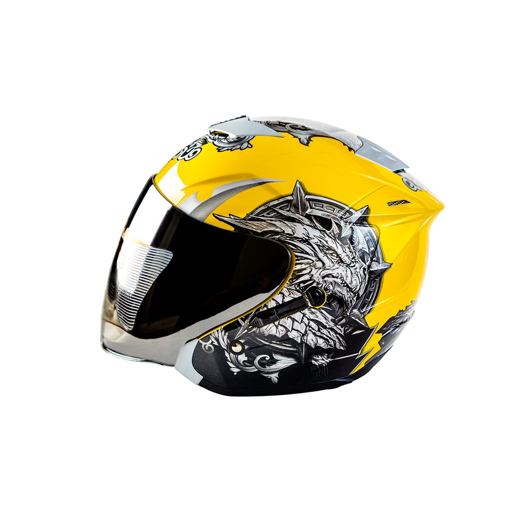 KM7 Helmet Dragon yellow silver double visor SNI half face