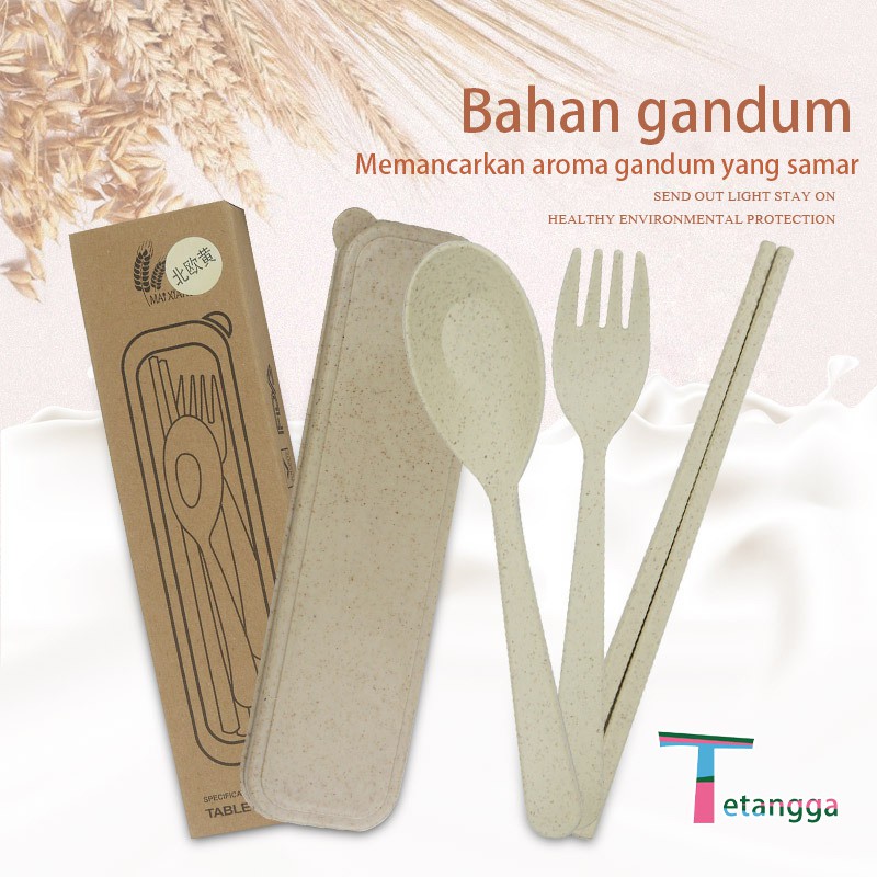 4 pcs Wheat straw Travel Cutlery Set Portabel Alat Makan Sendok Garpu Sumpit Chopsticks Dengan Kotak