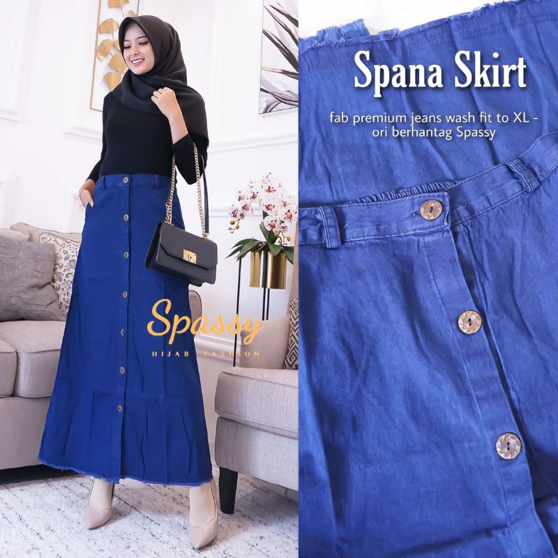 Orimoza Xandra Rok Jeans Panjang Kancing Depan Button Denim Skirt Snow-SPANA SKIRT BLUE