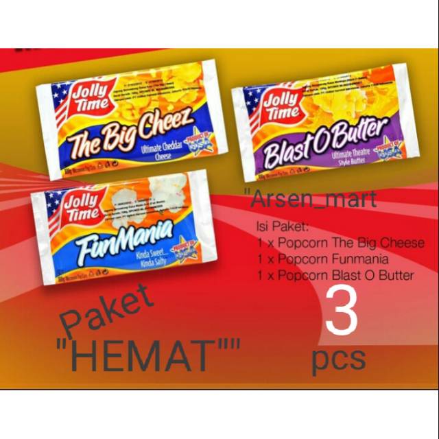 

Paket Hemat "(1TBC,11FM,1BOB) Jolly time Mircowave popcorn