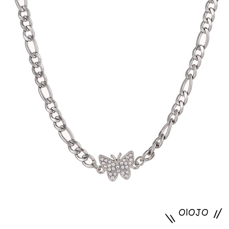 Kalung Choker Rantai Silver Tebal Desain Kupu-Kupu Hias Berlian Gaya Retro Korea Untuk Wanita - ol