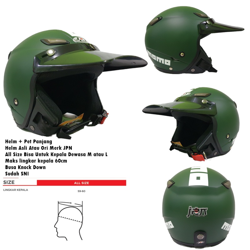 Helm Dewasa Retro Klasik JPN Momo Kawai Vintage Hijau Army Doff Topi Pet Panjang Semi Cross SNI