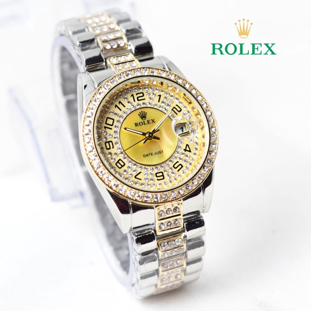 JAM TANGAN WANITA ROLEX RANTAI STAINLESS ROMAWI DIAMOND TANGGAL AKTIF FREE BOX DAN BATERAI || JAM TANGAN FASHION CEWEK MURAH JAM ROLEX