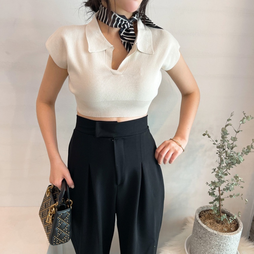 [chaoo.id]Kemeja Rajut Lengan Pendek Wanita Atasan Polo Tee Rajut Atasan V-nack/kaos rajut lengan pendek wanita knit polo T-shirt Crop Top V-nack Atasan/tasan Wanita Crop Top Import Rajut Kaos Wanita Import Premium