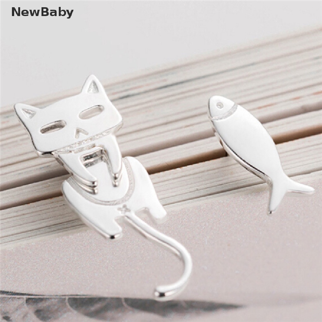 Anting Tusuk Asimetris Bentuk Kucing / Ikan Lapis Silver Untuk Wanita