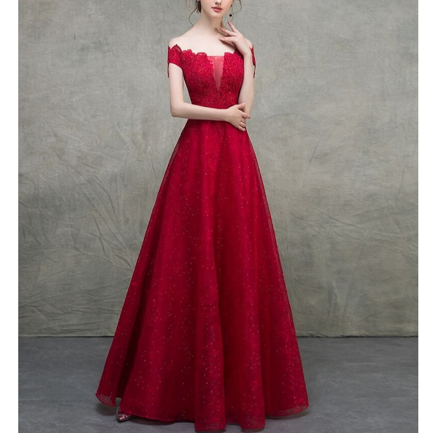 lace shoulder short sleeve A Line  dress long gaun pesta dewasa wedding