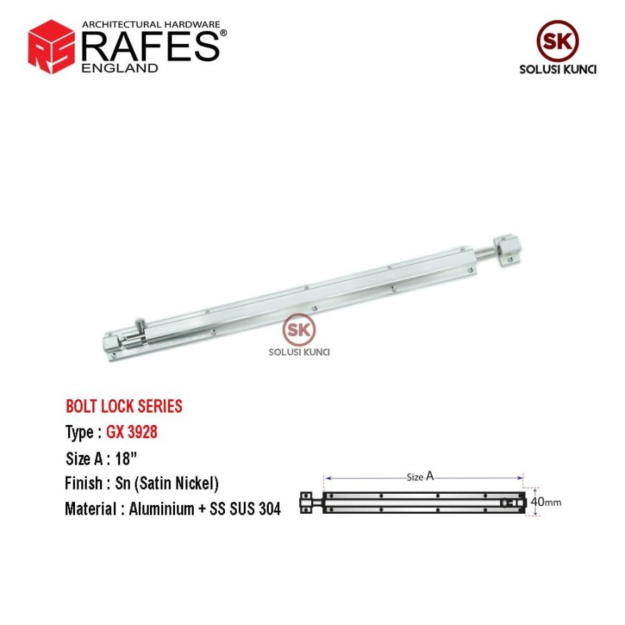 Grendel Pintu 18" RAFES England Stainless Steel SUS 304 + Aluminium