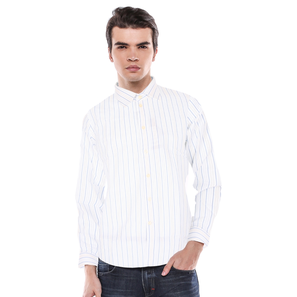 Johnwin - Kemeja Formal - Kemeja Pria - Garis Biru - Putih - Slim Fit - Free keychain - JFSH.650.WD3