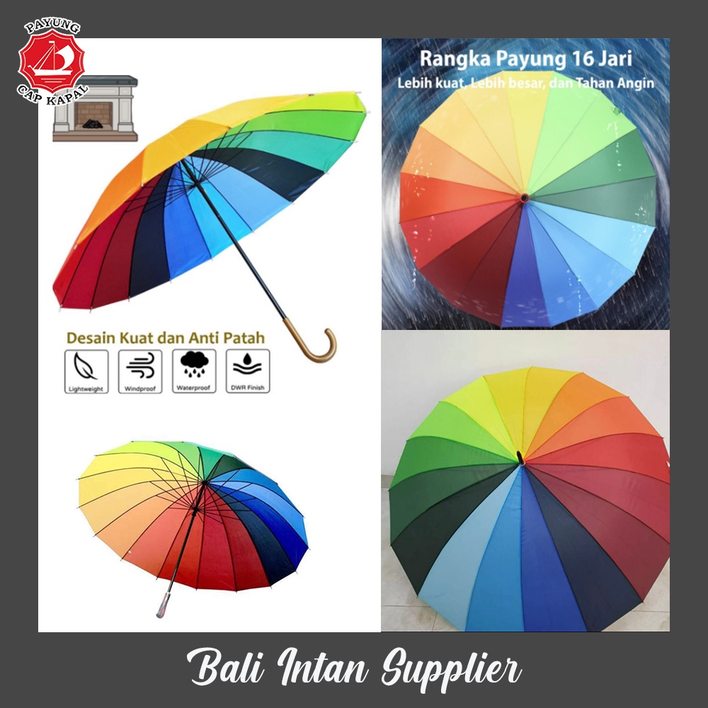 Cap Kapal Payung GOLF RAINBOW / Pelangi 16 Jari Fiber, GG TONGKAT "J"
