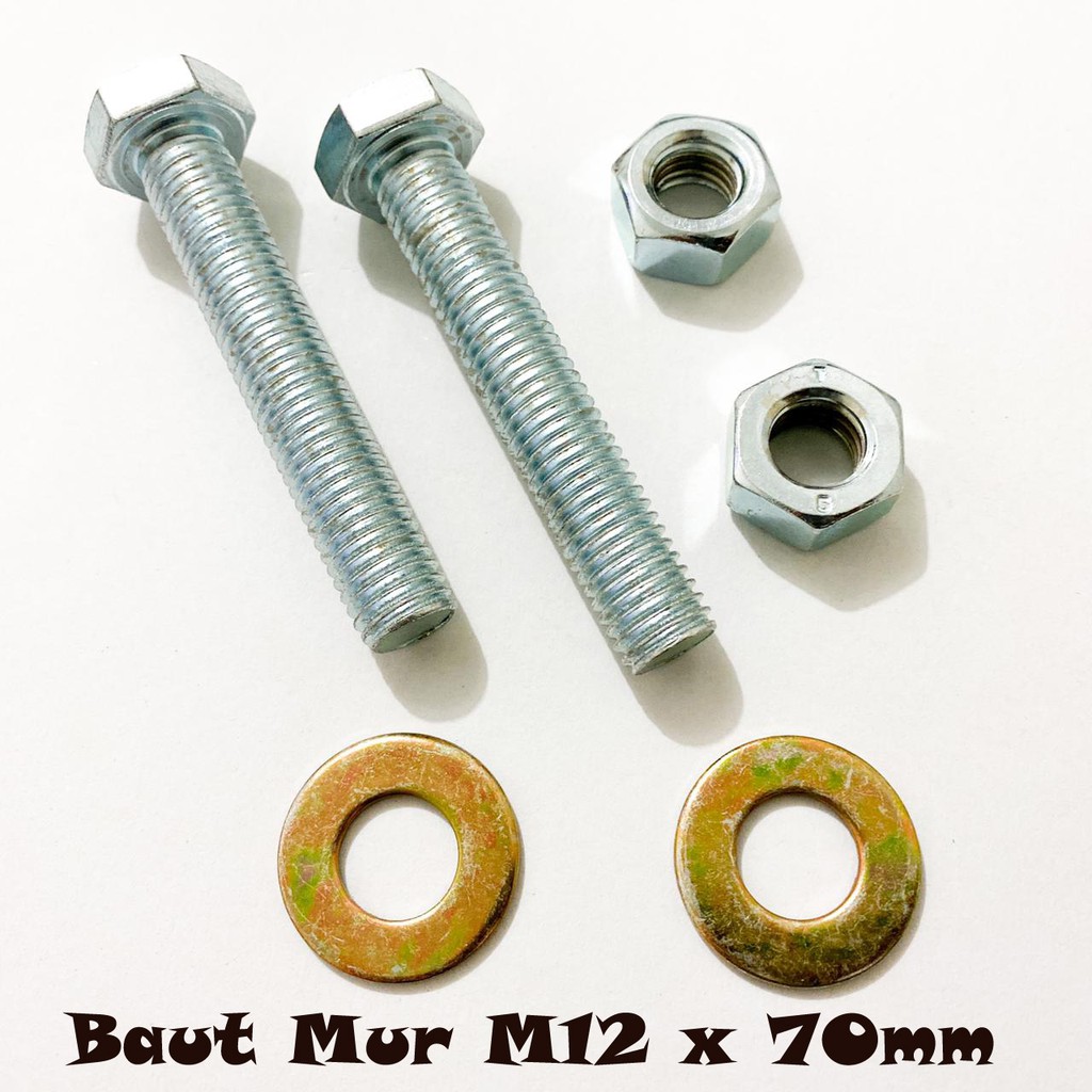 Baut Hex M12 x 70mm - Baut + Mur + Ring plat Putih Pitch 1.75