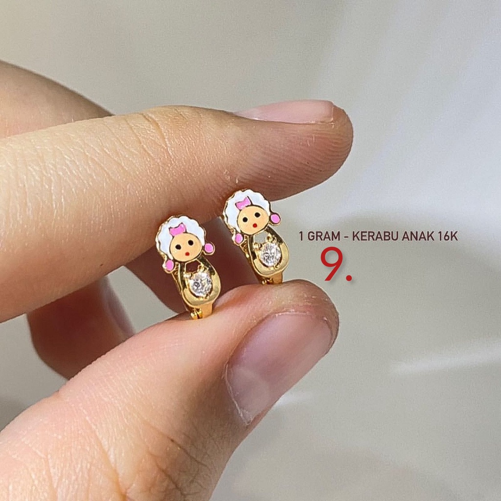 Banyak motif yaa Anting anak anak dan dewasa emas asli kadar 700 70 16k kerabu giwang cetek jepit boneka rilakuma cupcake doraemon cewek pink barbie line panda sally rabbit kupu kupu2 cupcake baby mix warna warni bayi baby 1 gram gr