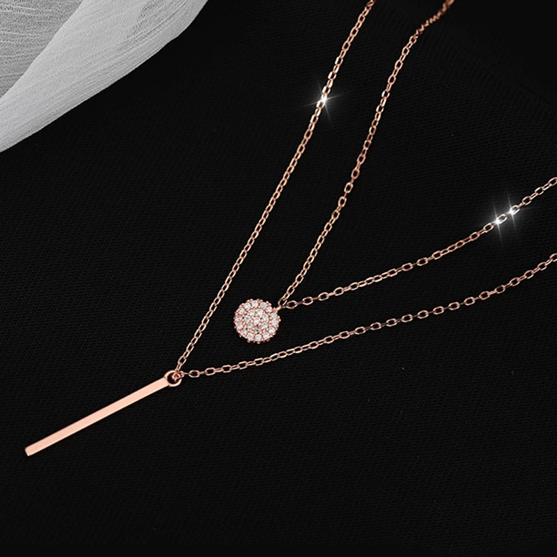 [Women Trendy Silver Plated Double Layer Round Shiny Zircon Long Pendant Necklaces] [Girls ins Simple Temperament Personality Clavicle Necklace] [Girlfriends Gifts Party Jewelry Accessories]