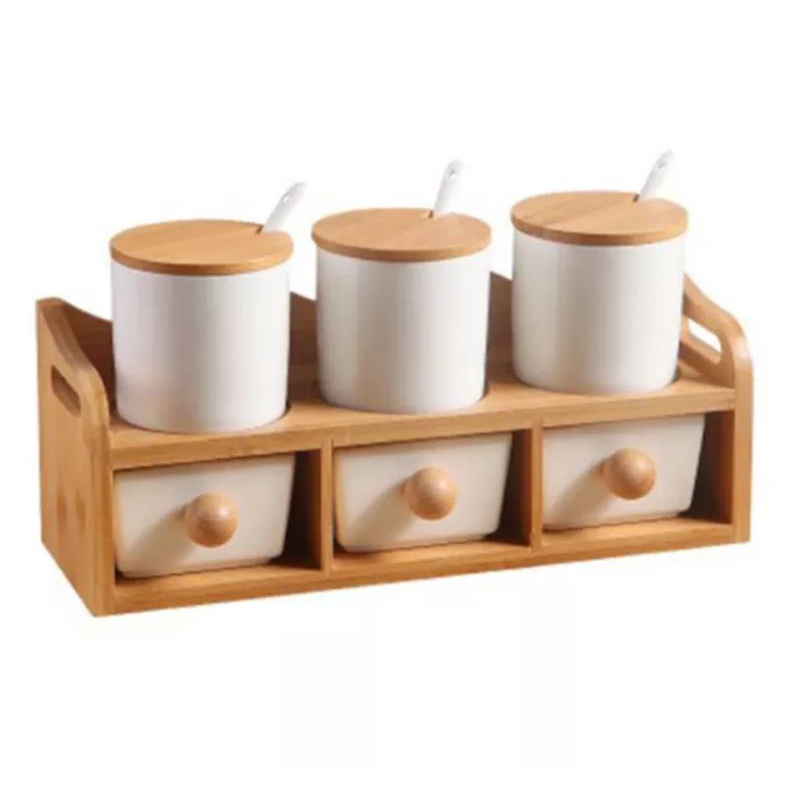 Jual Tempat Bumbu Keramik Set Rak Kayu Dan Sendok Tempat Bumbu Eksclusif Aesthetic Spice Jar