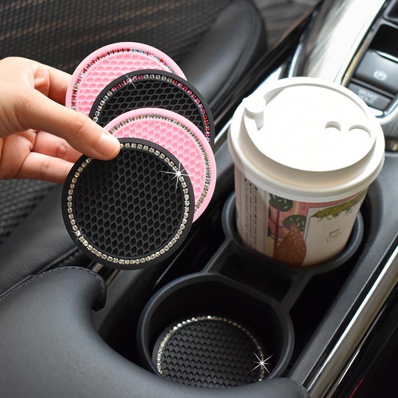 2 Pcs Bantalan cup Holder Mobil Bahan Karet Anti slip Dengan Aksen Berlian Imitasi