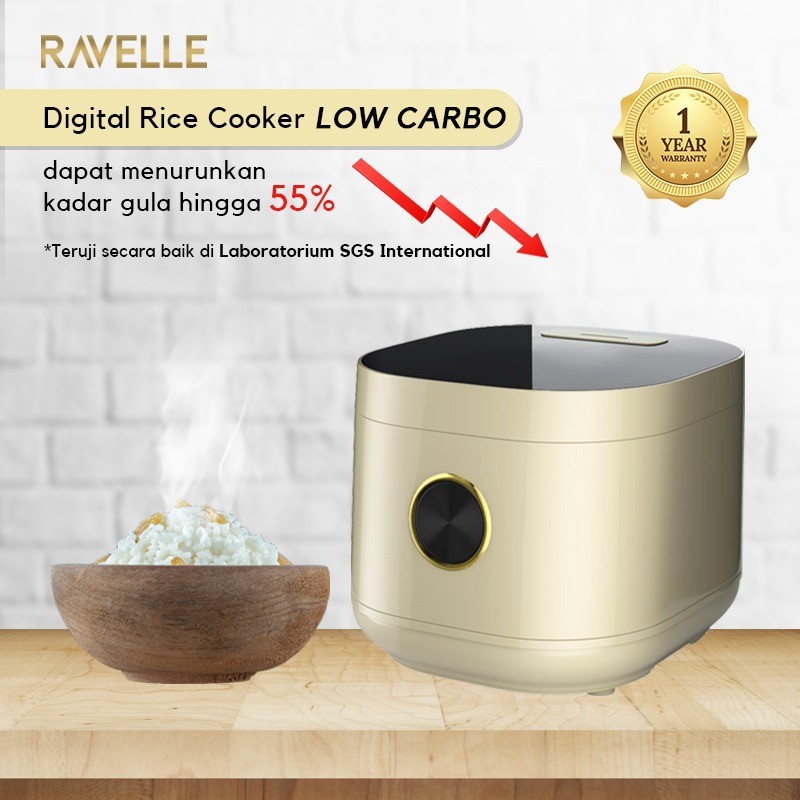 Ravelle Smart Digital Rice Cooker Low Carbo Low Sugar 3L - Milky Cream