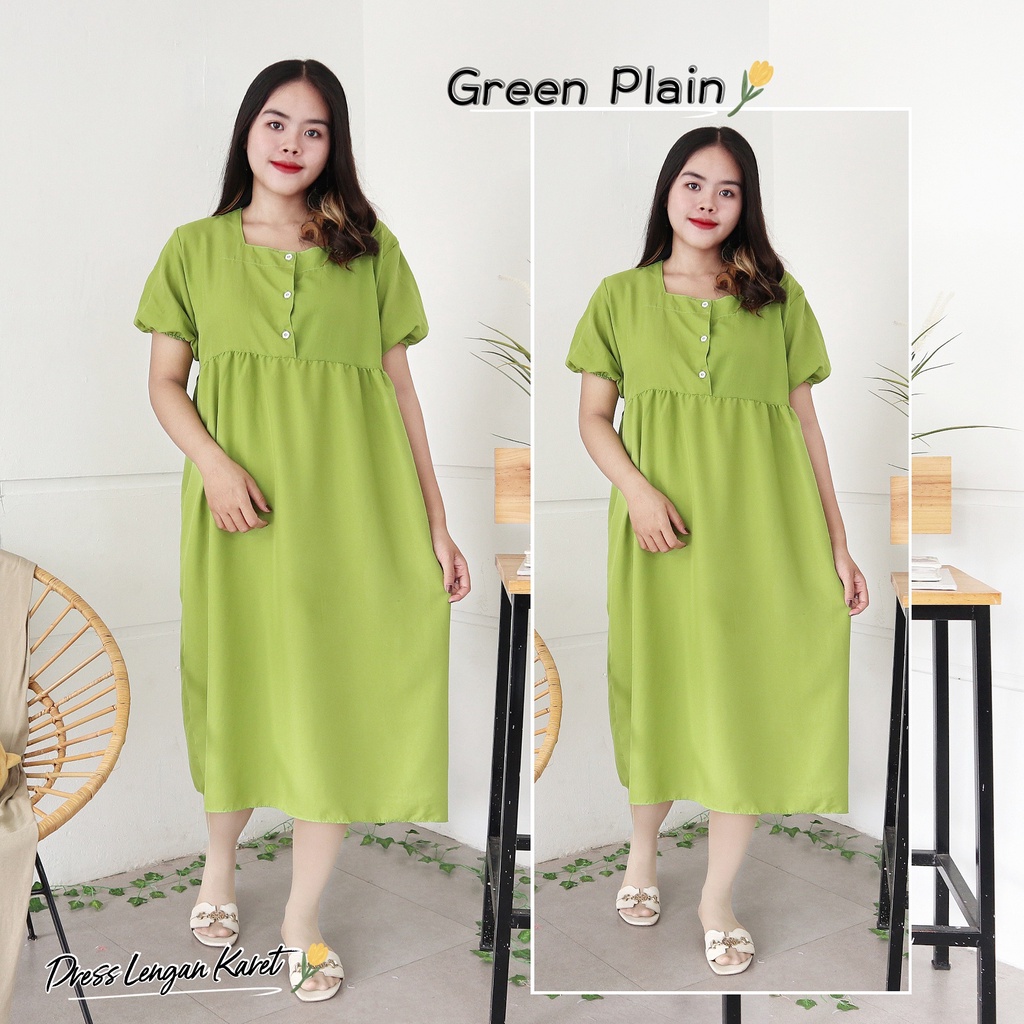 IZANY  Daster Dewasa Lengan Karet / Dress Wanita Lengan Karet Polos Plain-GREEN PLAIN