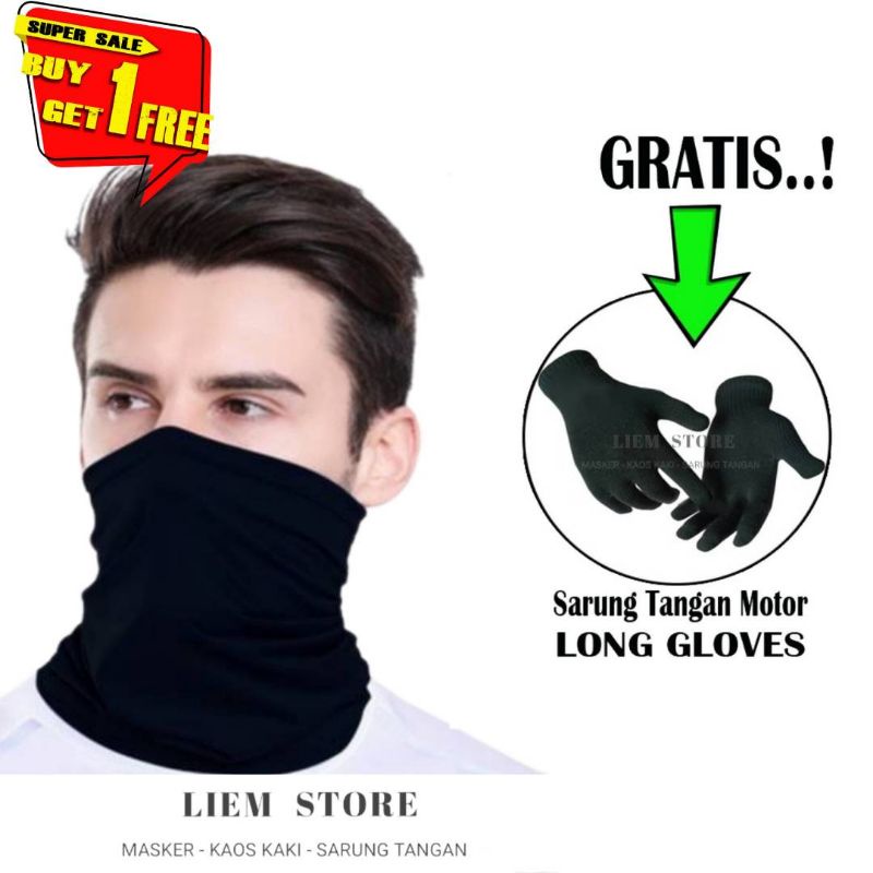 BUY 1 GET 1 FREE / Masker Buff HITAM POLOS + Gratis 1 Sarung Tangan Hitam Full Jari