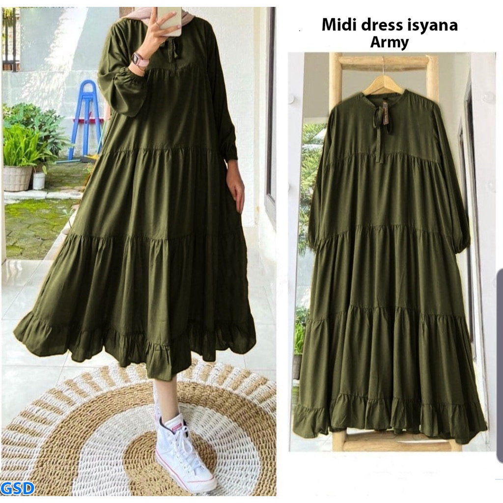 Midi Dress Isyana/ Dress Susun Rempel Wanita Muslim/ Gamis Busui Friendly / OOTD Maxi Dress Moscrepe PREMIUM / Midi Dress JUMBO