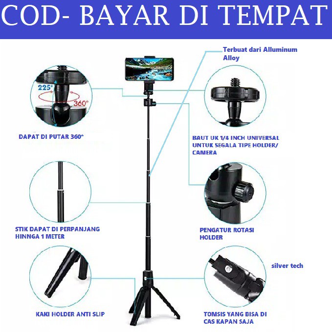 Tongsis Tripod 3 in 1 K20 Alluminium Alloy dengan Bluetooth Remote