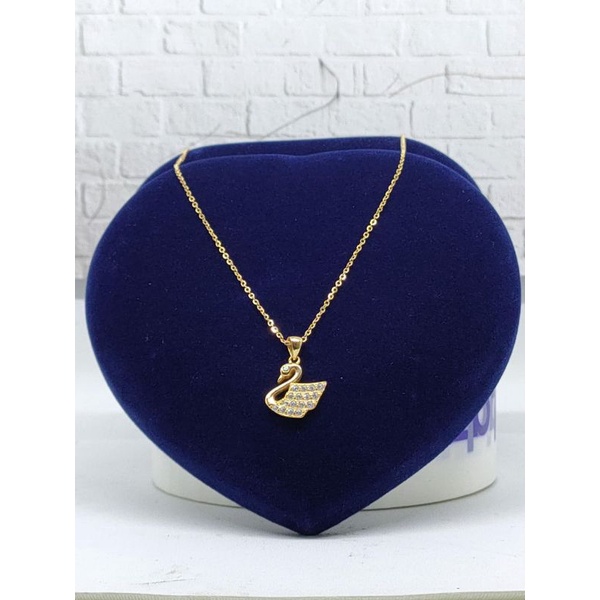 KALUNG PERAK ASLI SILVER 925 LAPIS EMAS/KALUNG RANTAI NORI VENSY KECIL+LIONTIN SWAN MATA PUTIH/ASLI SILVER/FASHION WANITA