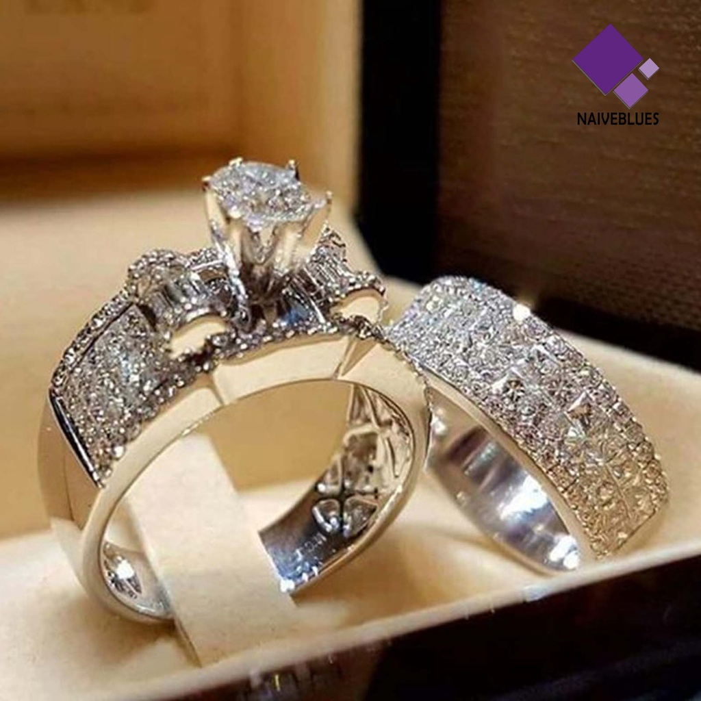 Naiveblue 2Pcs / Set Cincin Pasangan Model Lebar Hias Berlian Imitasi Untuk Pria / Wanita